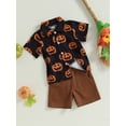 thumbnail image 2 of Halloween Kids Toddler Baby Boy Gentleman Outfits Pumpkin Print Short Sleeve Button Down Shirt and Shorts Set, 2 of 6
