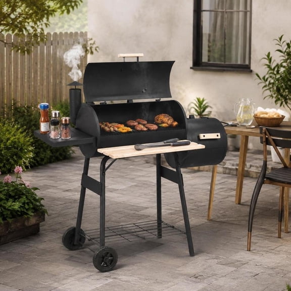Charcoal Bbq Grill Offset Smoker Combo, 48 inch, steel construction, with wheels, side shelf, front shelf, built-in thermometer