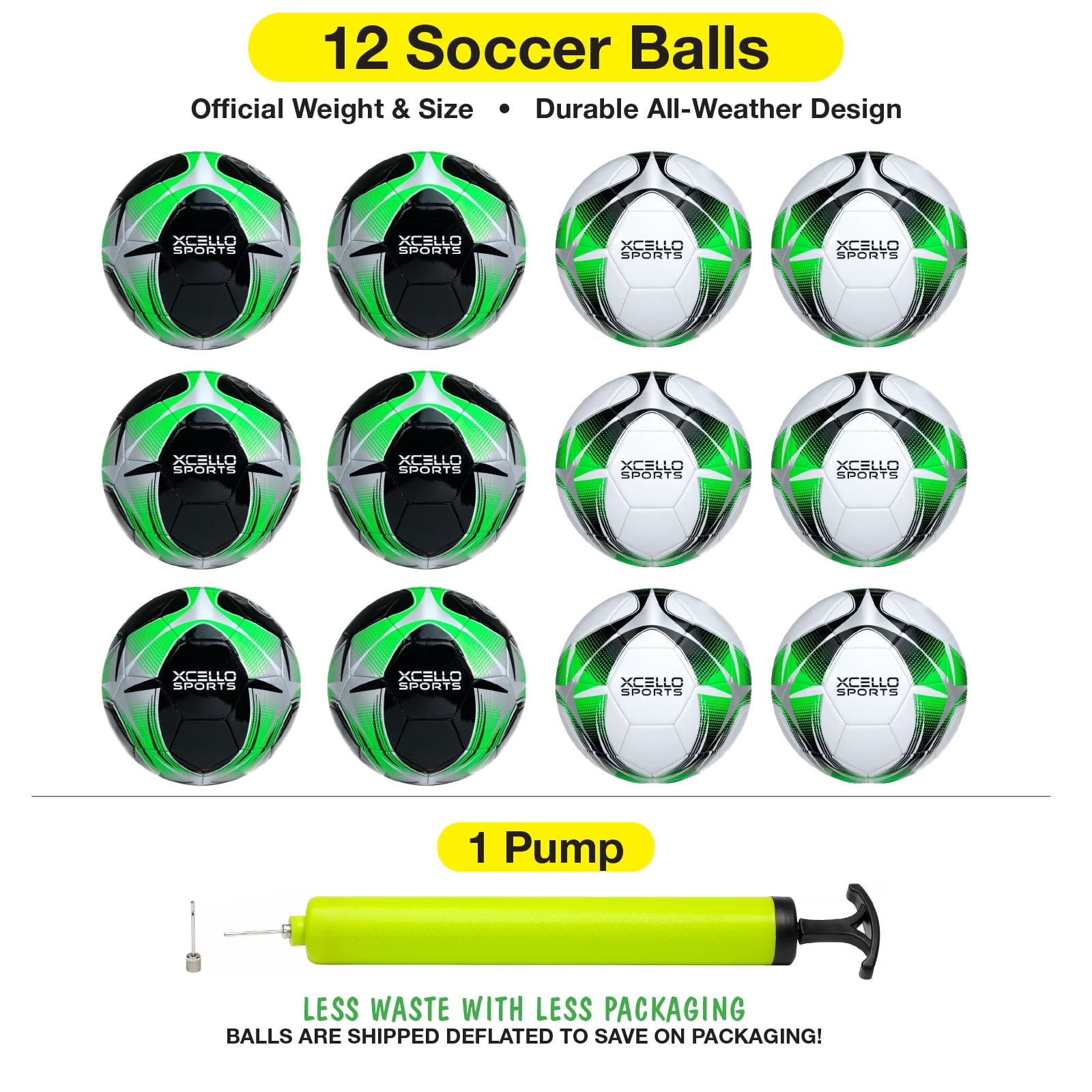 Xcello Sports Soccer Ball (Black/Green/Silver, White/Green/Silver) w/Pump (Size 3, Pack of 12)