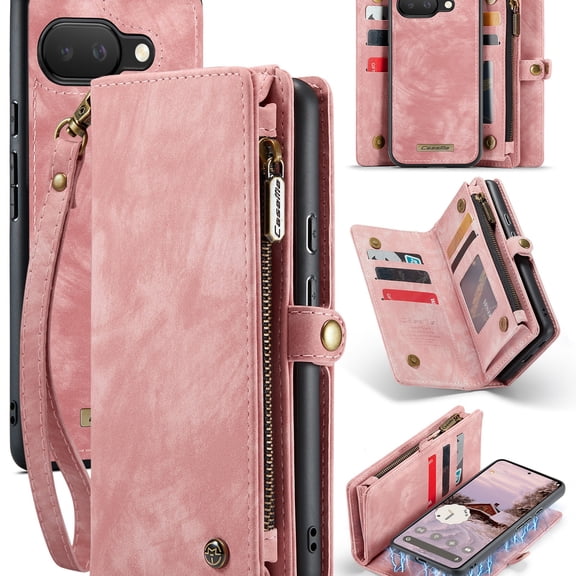 GJL Retro 2-in-1 Magnetic Wallet Case for Google Pixel 11 Pro XL, Shockproof Faux Leather TPU Detachable Flip Cover with Zipper Pocket, Wristlet Strap, 8 Card Slots, Pink