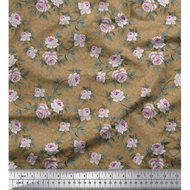Soimoi Tissu en Jersey de Coton Imprimé Feuilles & Roses au Mètre 58 Pouces de Large
