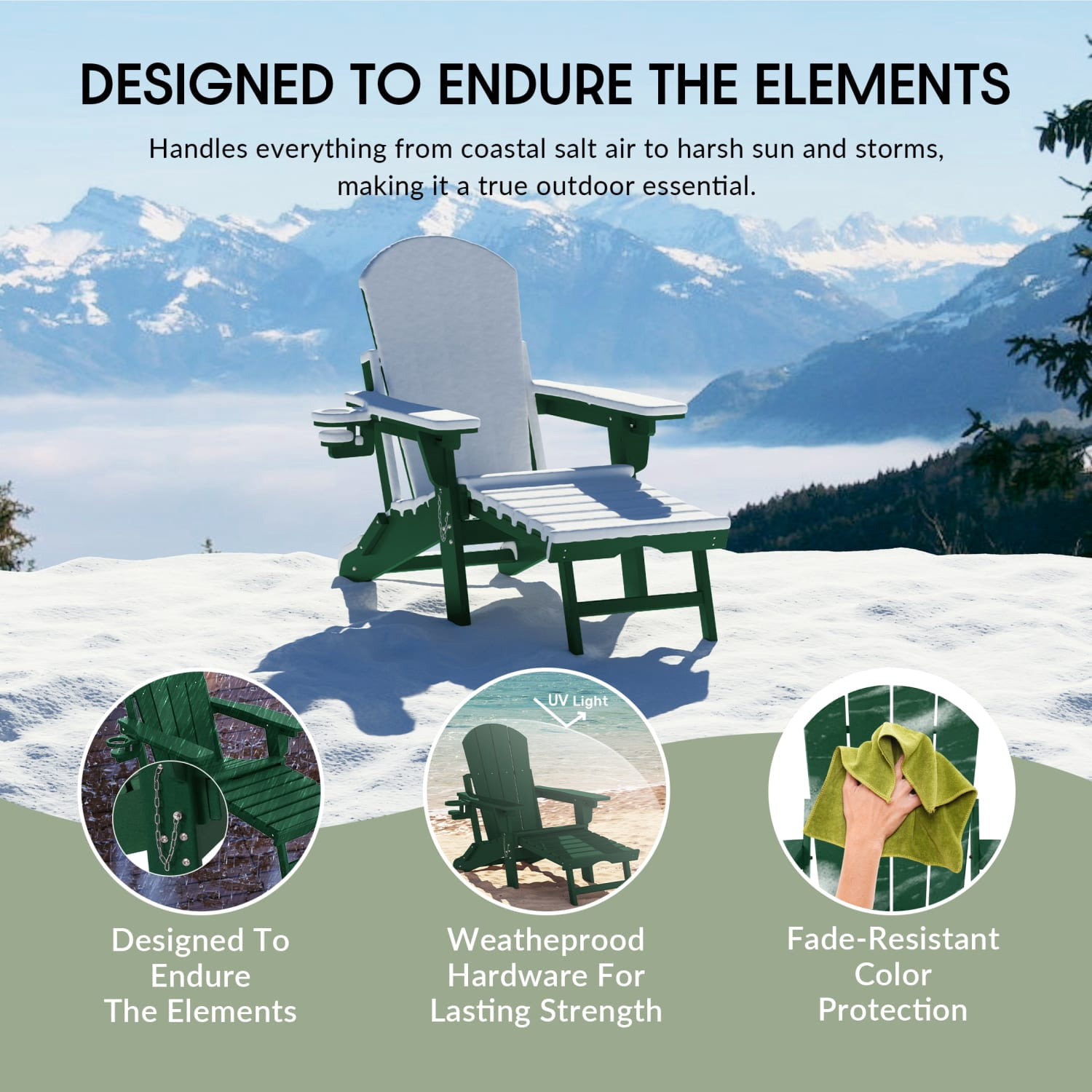 WestinTrends Malibu Folding Adjustable Adirondack Chair with Retractable Ottoman and Cup Holder, Dark Green