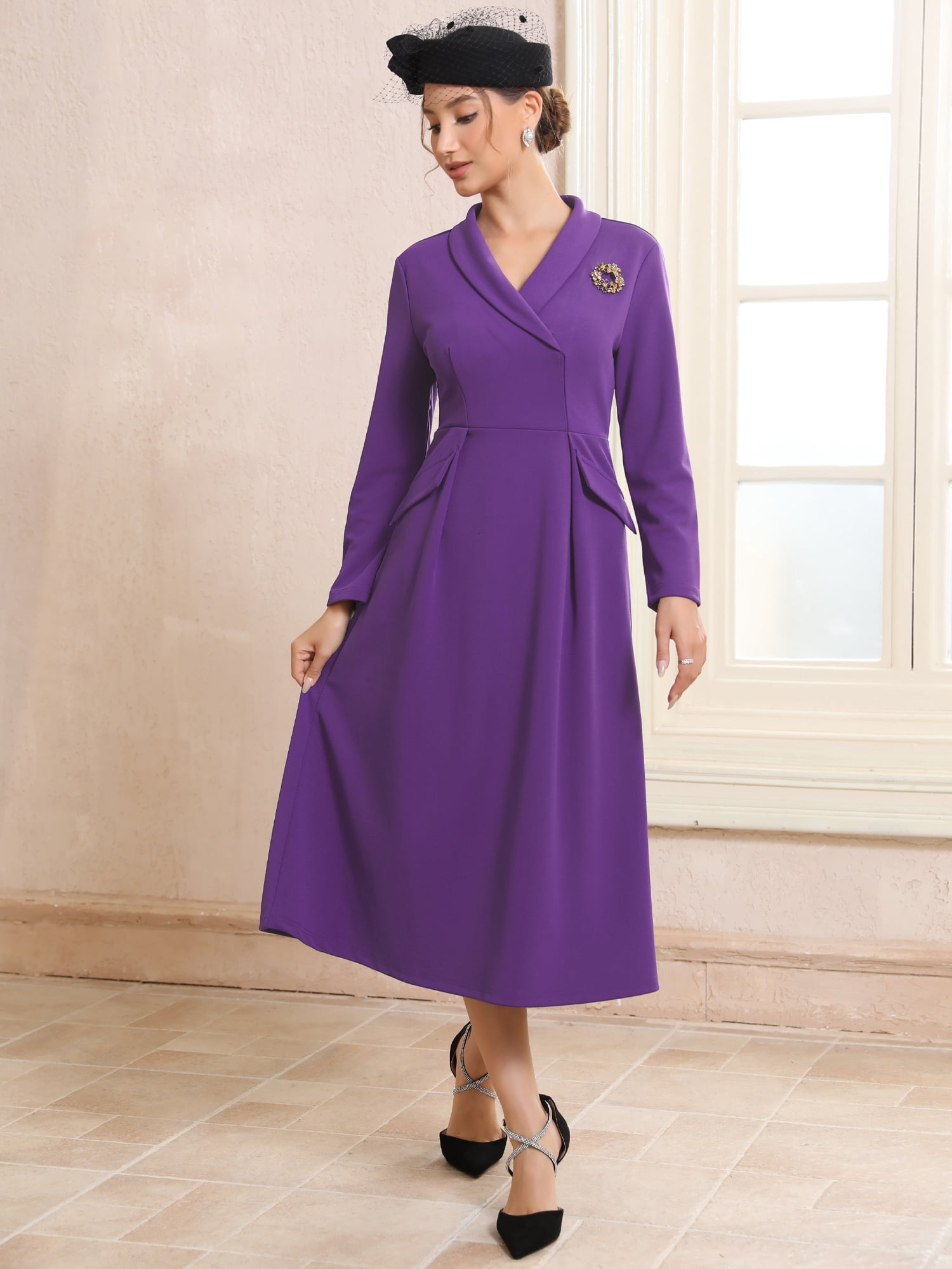 DARING DIVA Women's Collared V Neck Long Sleeve Blazer Dresses with Brooch S Purple