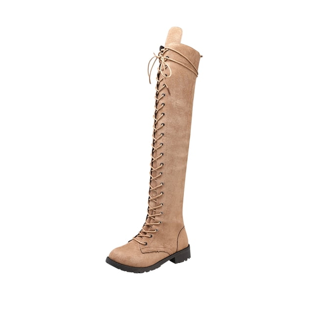 XZNGL Womens Winter Solid Color Warm Suede Side Zipper Lace Up Knee Flat Rider Boots