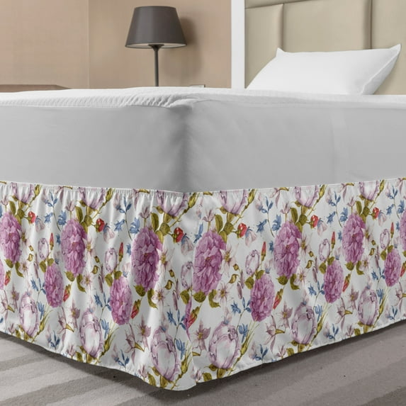 Flower Bed Skirt, Vintage Style Blossoming Flowers Pattern Colorful Nature Composition in Pastel Tones, Elastic Bedskirt Dust Ruffle Wrap Around for Bedding Decor, 4 Sizes, Multicolor, by Ambesonne
