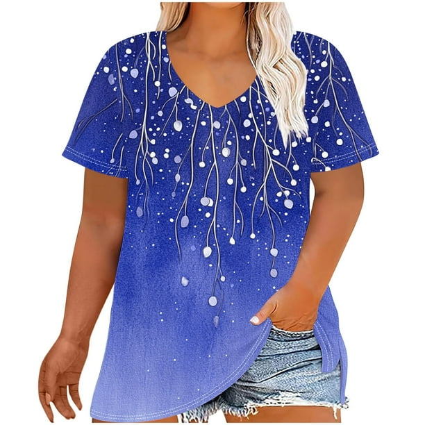 Camisetas Casuales de las Mujeres Más Tamaño V-Cuello Impresión Manga Corta Color Sólido Base de Verano Superior, Ligero para Diario