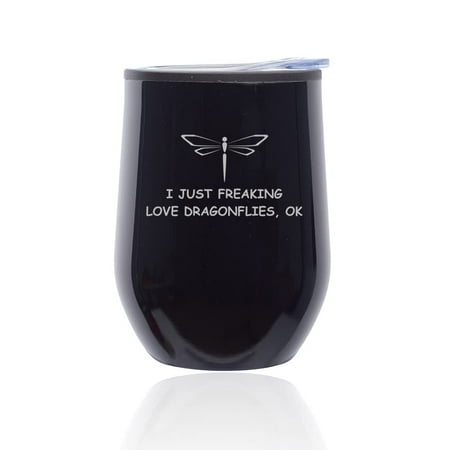 

Stemless Wine Tumbler Coffee Travel Mug Glass with Lid I Just Freaking Love Dragonflies Funny (Black Midnight)