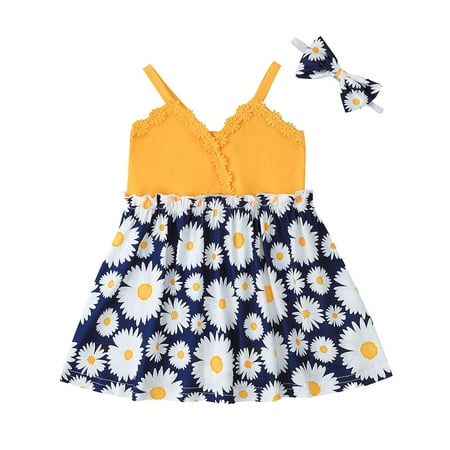 

Girls Dress Summer Beach Dresses Toddler Girls Sleeveless Floral Printed Suspenders Princess Dress Headbands Set