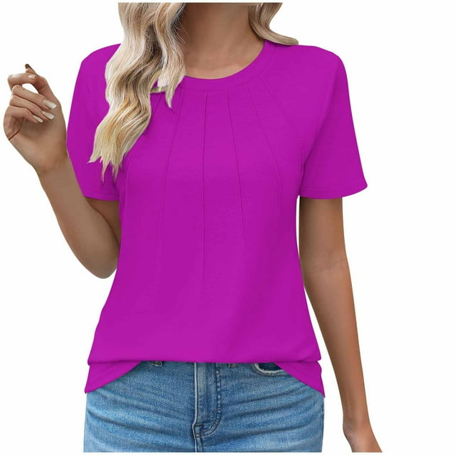 Liquidation Staron Summer Tops pour Femmes 2025 Tunique Plissée Unie Chic Décontractée à Manches Courtes Col Rond T-Shirt Confortable Chemises d'Été pour Femmes Idées Cadeaux Violet TTG