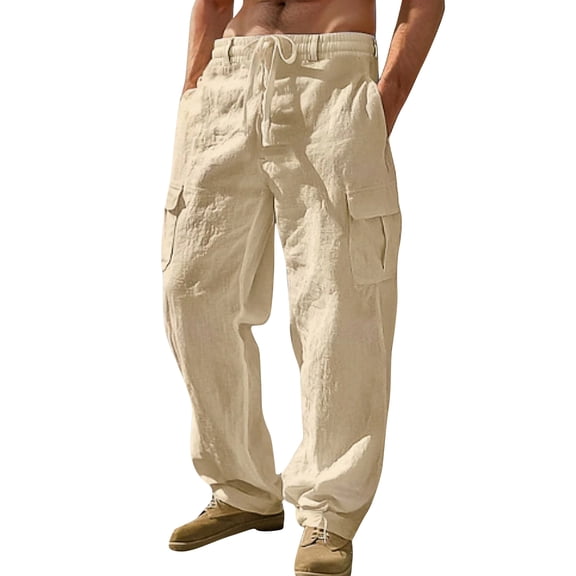Homeyce Men's Linen Pants Elastic Waist Drawstring Straight Leg Pants with Pockets Cotton Linen Long Pants Breathable Casual Summer Beach Lightweight Cotton Linen Pants,Brown S