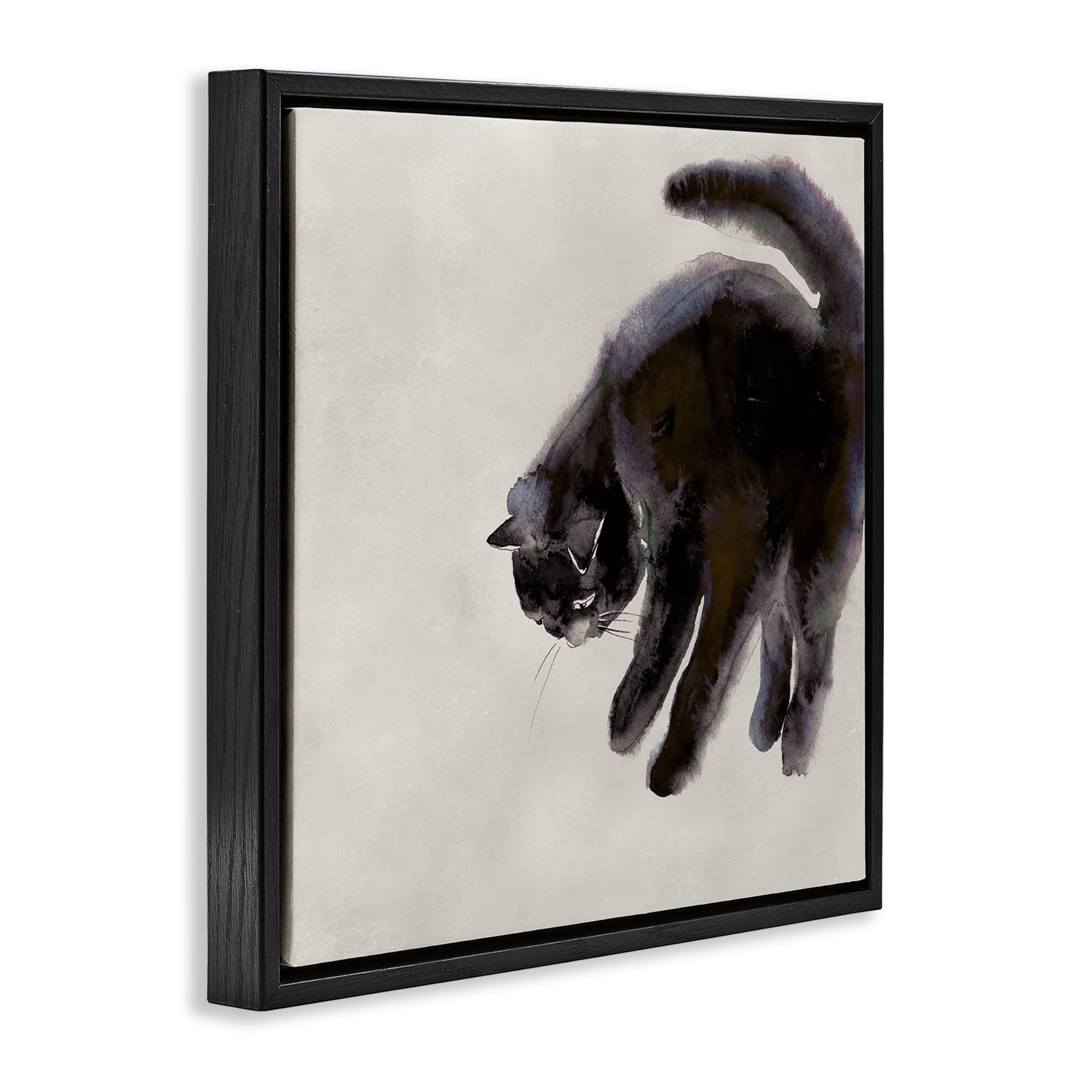 Stupell Industries Simple Cat Watercolor Animals Painting Black Floater Framed Canvas Art Print Wall Art, 25 x 25