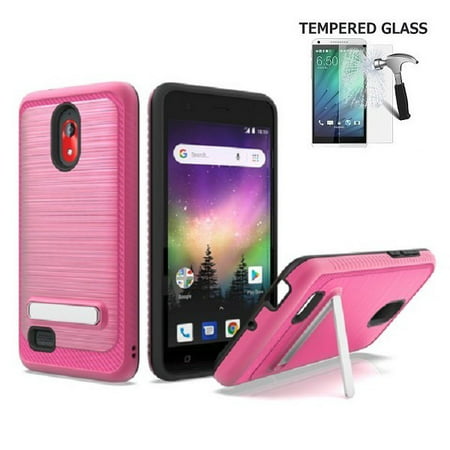 Coolpad Illumina Case, Phone Case for Boost Mobile Coolpad Illumina 8GB Prepaid Smartphone, Dual Layer Metallic Brushed Style Shockproof Protection Cover Case with Kickstand (Pink + Tempered