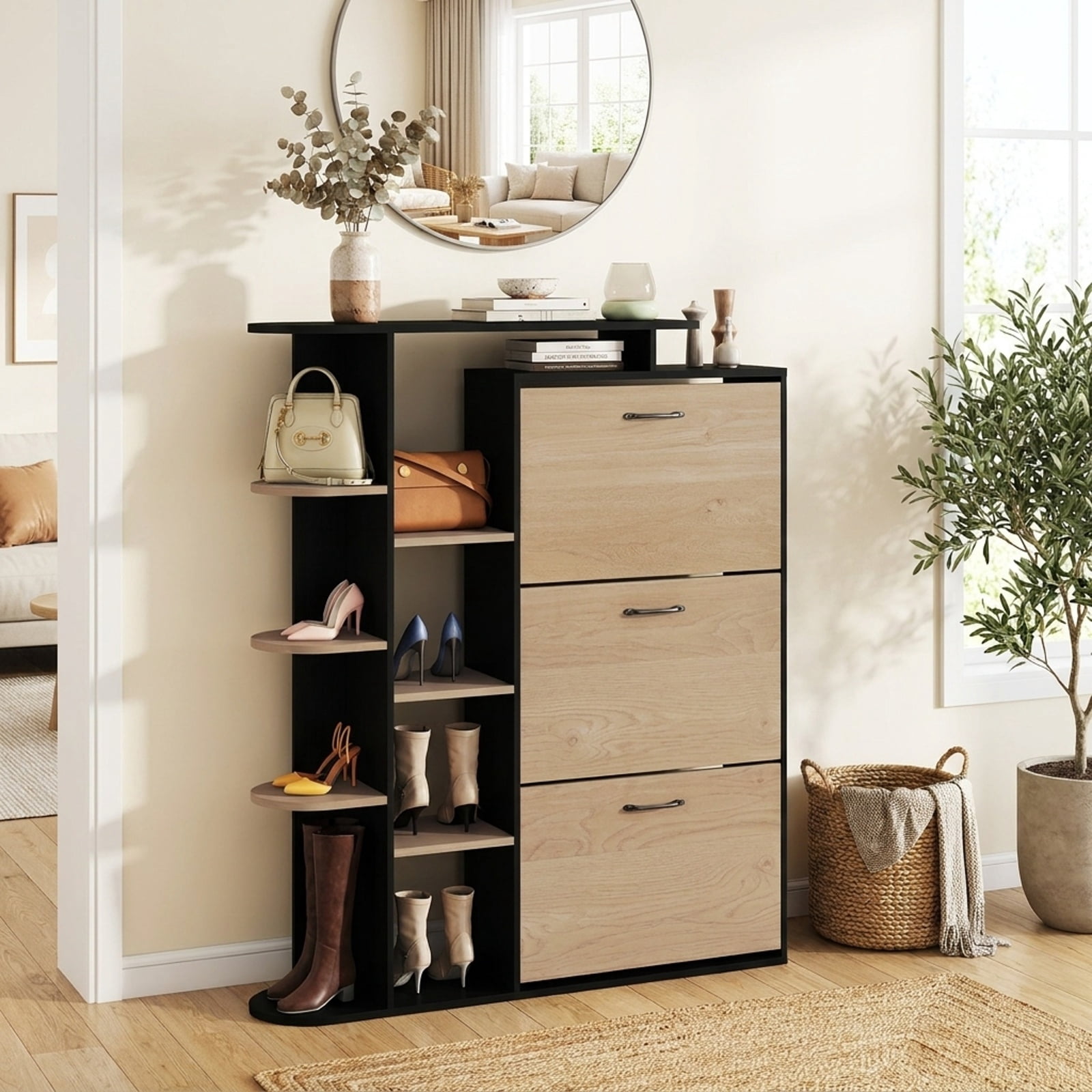 Furnibear Tall Shoe Cabinet with Open Shelves and 3 Flip Drawers Modern Freestanding Shoe Storage Organizer for Entryway Hallway, Black