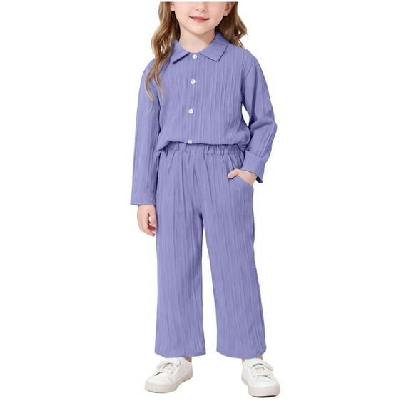 Purple Girls' 2 Piece Comfortable Outfit Set 2-7 Years, Long Sleeve Collared Top & High Waisted Wide Leg Pants, Nylon Spandex Wrinkle Resistant Kids Playwear,Size 2 T