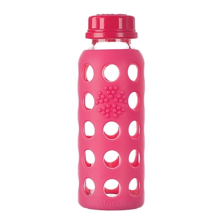 Lifefactory Glass Bottle with Flat Cap and Protective Silicone Sleeve, Raspberry Red, 9 Oz
