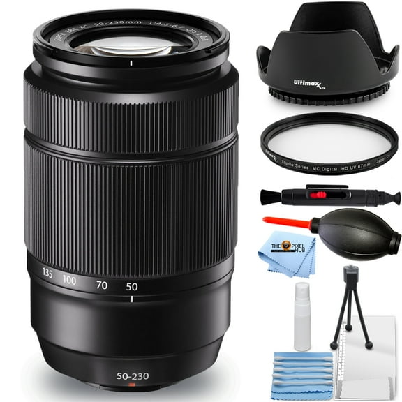 Fujifilm XC 50-230mm f/4.5-6.7 OIS II Lens (Black) Starter Bundle with Tulip Hood Lens, UV Filter, Cleaning Pen, Blower, Microfiber Cloth, Cleaning Kit
