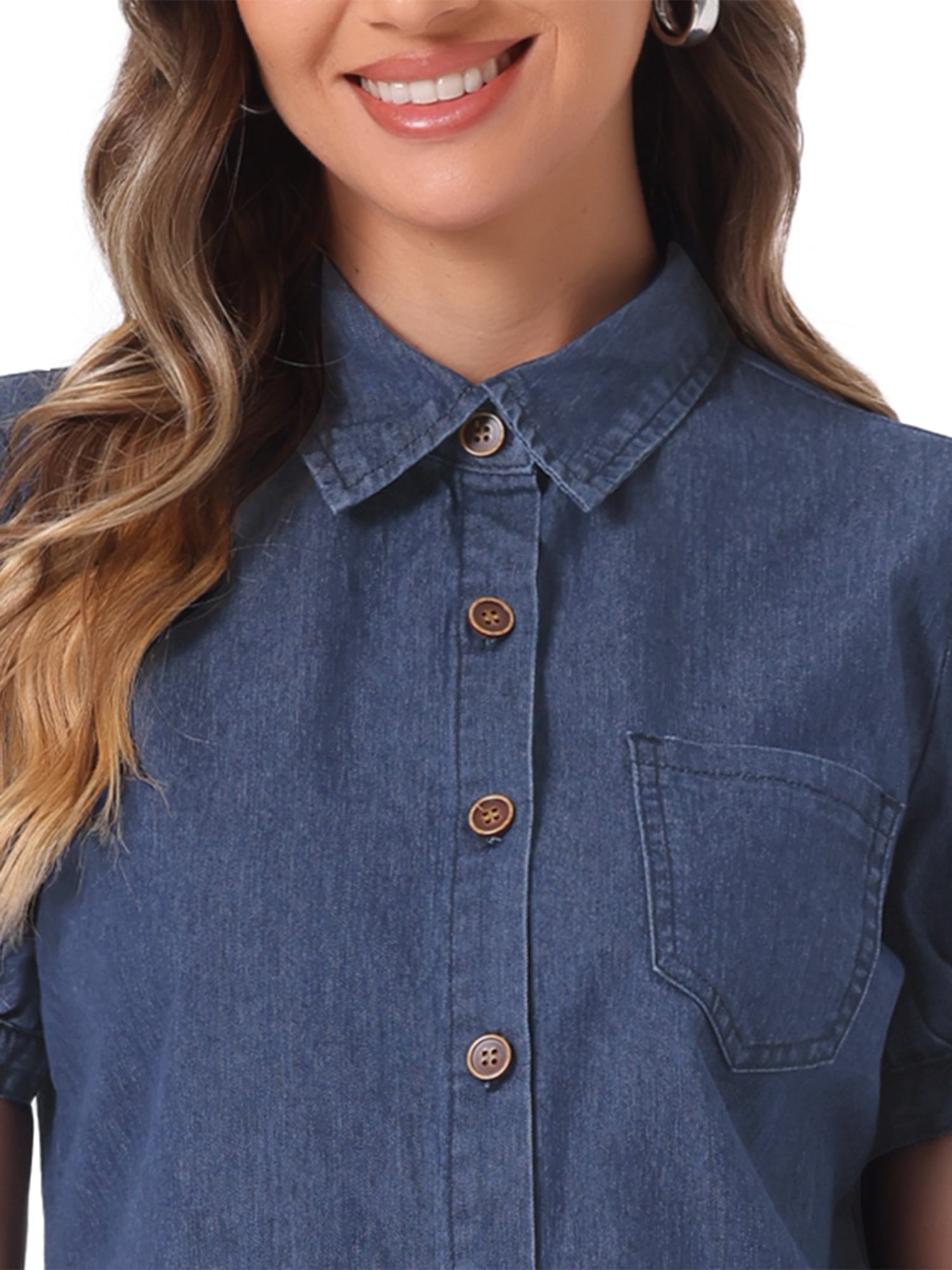 DARING DIVA Women's Denim Short Puff Sleeve Spread Collared Button Up Shirt L Deep Blue