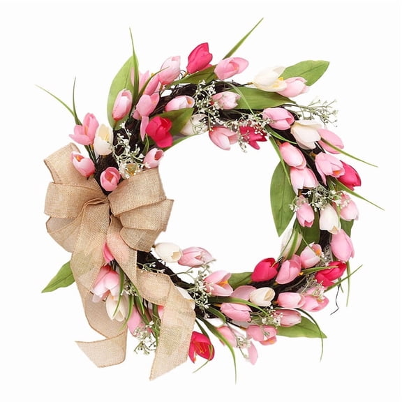 TVYTYAT Tulip Wreath with Bows - 18" Spring Door Decor for Valentine's Easter, Faux Floral Hanging for Home Wall Party Decorations