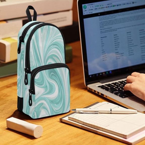 Backpack Pencil Case, 3 Compartment Large Capacity Oxford Fabric Pencil Pouch / Light Green Flowing Swirls