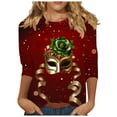 thumbnail image 2 of Cavosen Carnival Ladies Tops and Blouses 3/4 Sleeve Dressy Mardi Gras Shiny Mask Graphic Print Shirts Round Neck Party Festival Blouse Comfy Trendy Holiday Tops Party Funny Tees M, 2 of 5