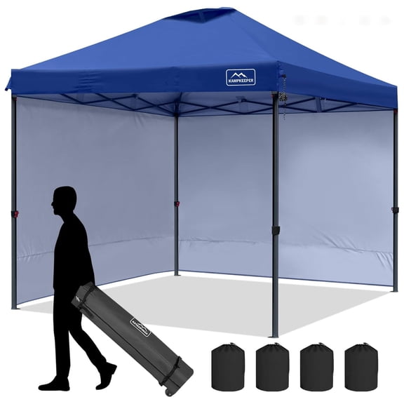 KAMPKEEPER 10x10 Pop Up Canopy Tent w/ 2 Sidewalls, Portable Outdoor Sun Shade, Navy Blue