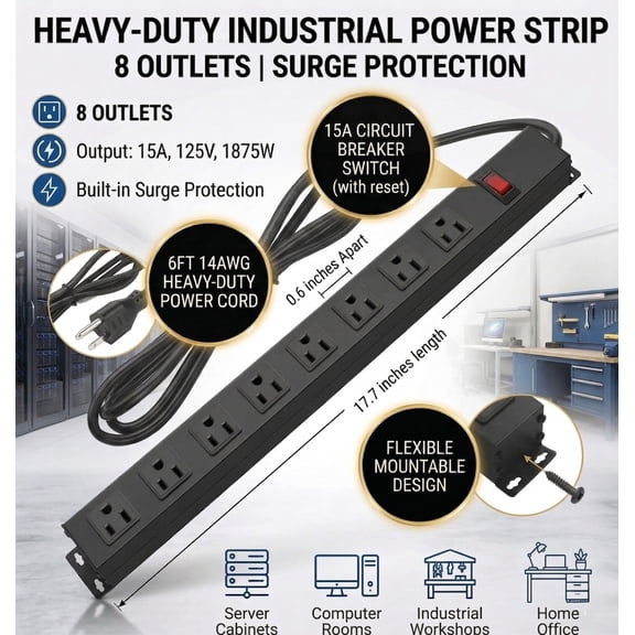Metal 8 Outlet Mountable Power Strip with Surge Protector, Wall Mount Heavy Duty Wide Spaced Outlets with Switch, 15A 125V 1875W, 6 FT 14AWG Cord, Black