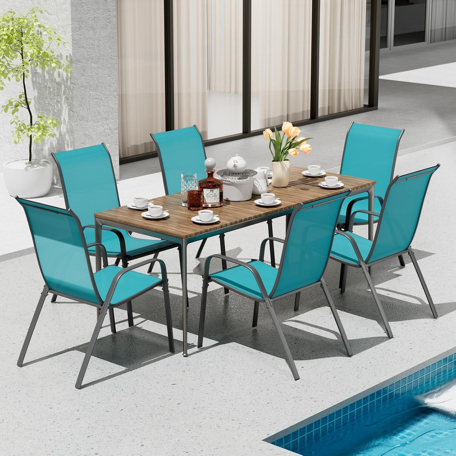 LAZY BUDDY 6-Piece Outdoor Patio Dining Chairs Set, All Weather Stackable Chairs with Armrest, Textilene Fabric & Metal Frame