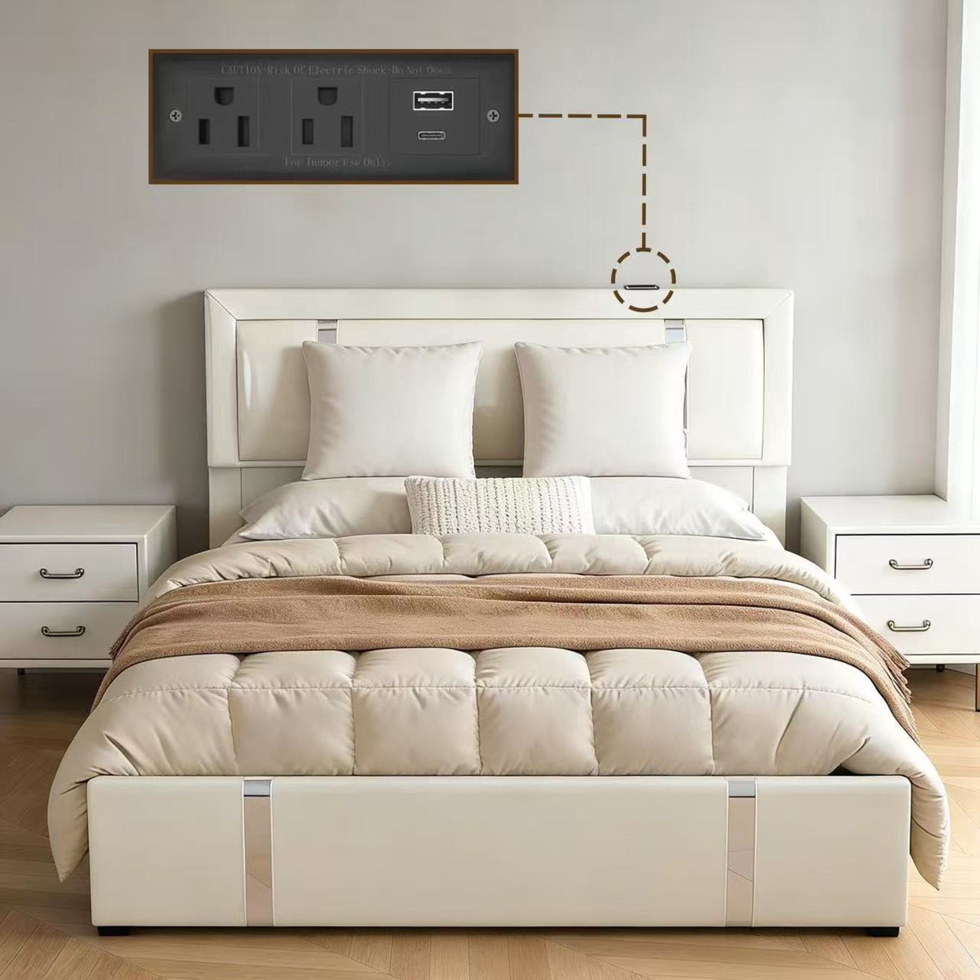 Leumius Full Size Lift Up Storage Bed with Adjustable LED Lights Headboard,Faux Leather Upholstered Platform Bed Frame with USB-C Charging Ports, Hydraulic Support,Metal Slats Support,White