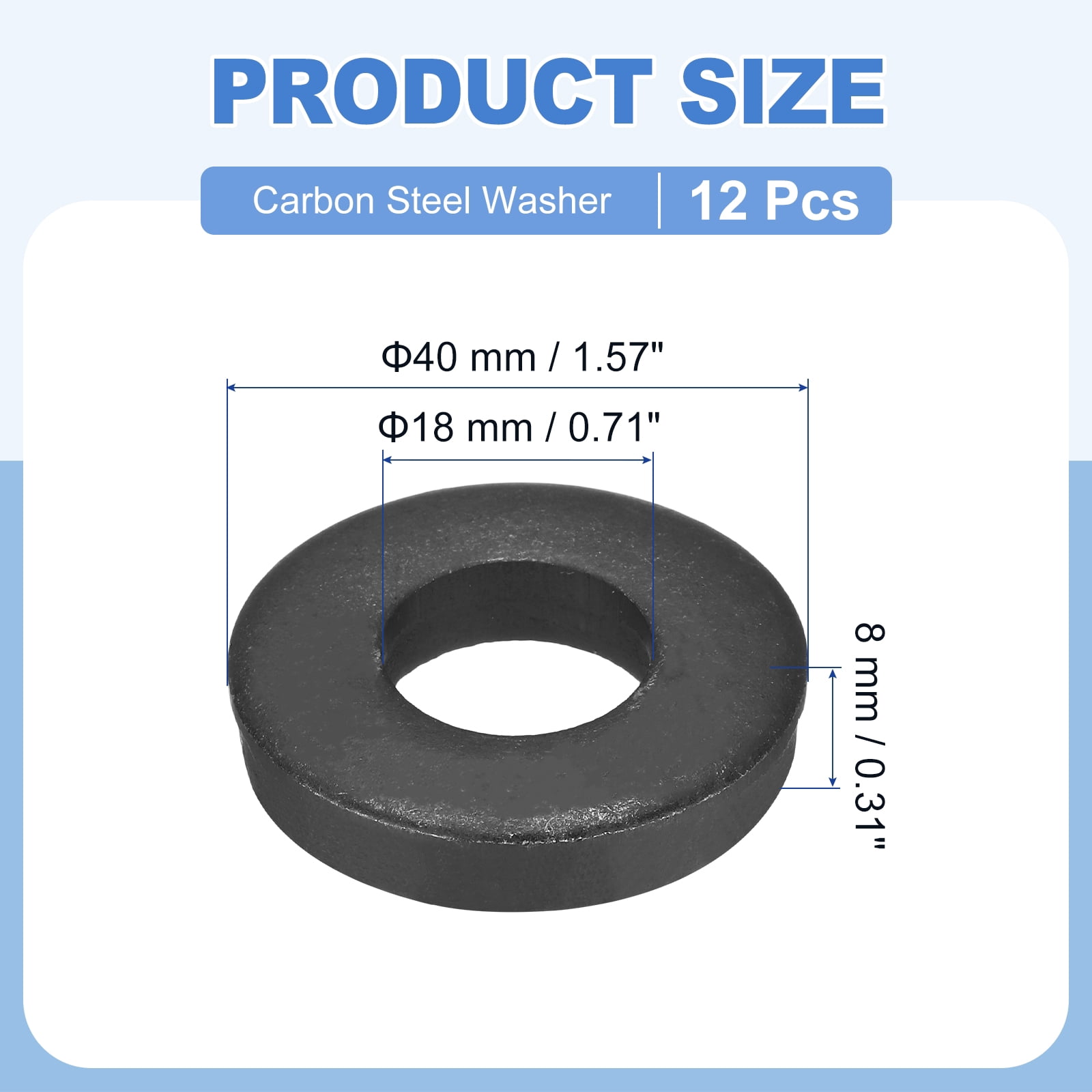 Uxcell 12pcs Black Flat Washer for M18 Screw, Steel Metal Washers 18mm ID 40mm OD 8mm l for Industrial, Screws Bolts