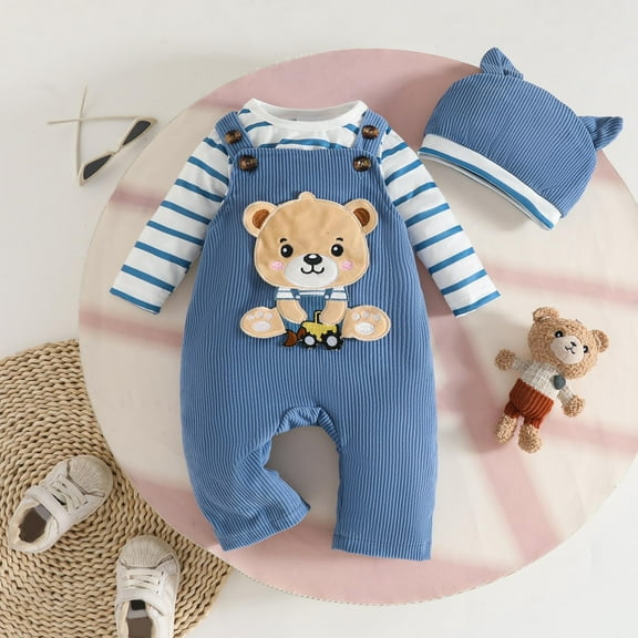 RTKFRFLM Baby Boys 3-Piece Set Striped Romper Animal Embroidery Overalls and Hat Blue 3-6 Months