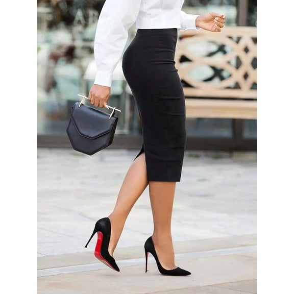 Black High-Waist Pencil Skirt With Back Slit Workwear Style