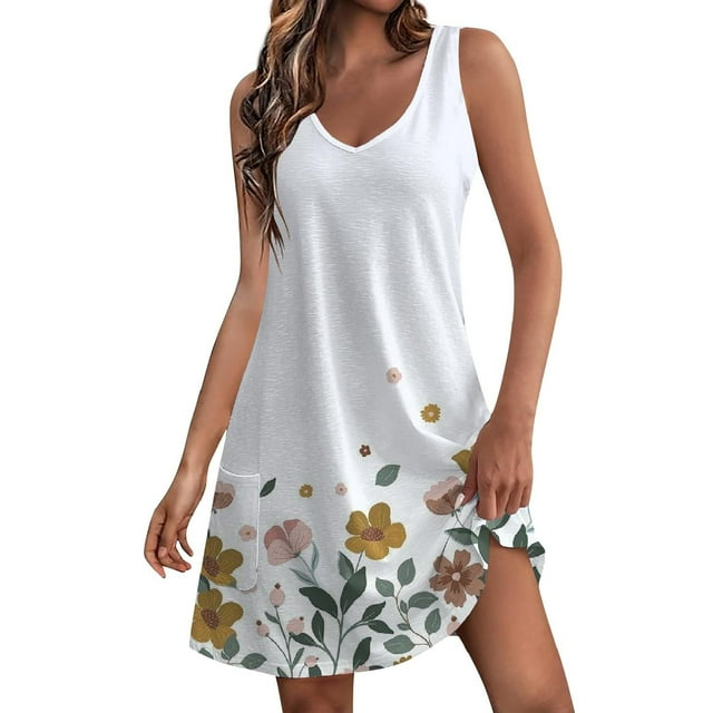 Pisexur Robe d'Été pour Femme, Plage, Décontractée, Sans Manches, Midi, Imprimé Floral, Débardeur, Ample, Robe Soleil avec Poche, P-2TG