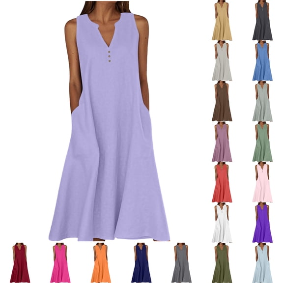 SROBPTY Dresses for Women Solid Sleeveless V Neck Mid-Length Summer Sundress for Outdoor Use