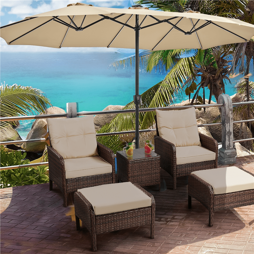 Renwick 15 FT Outdoor Umbrella with Base & Multi-Mode LED Lights Strips, Tan