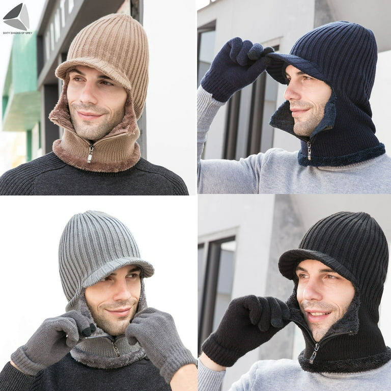 Sixty Shades of Grey Sixtyshades Winter 3 in 1 Beanie Knit Hats for Women Men Fleece Lined Warm Skull Caps with Zipper Face Mask and Ear Flap for