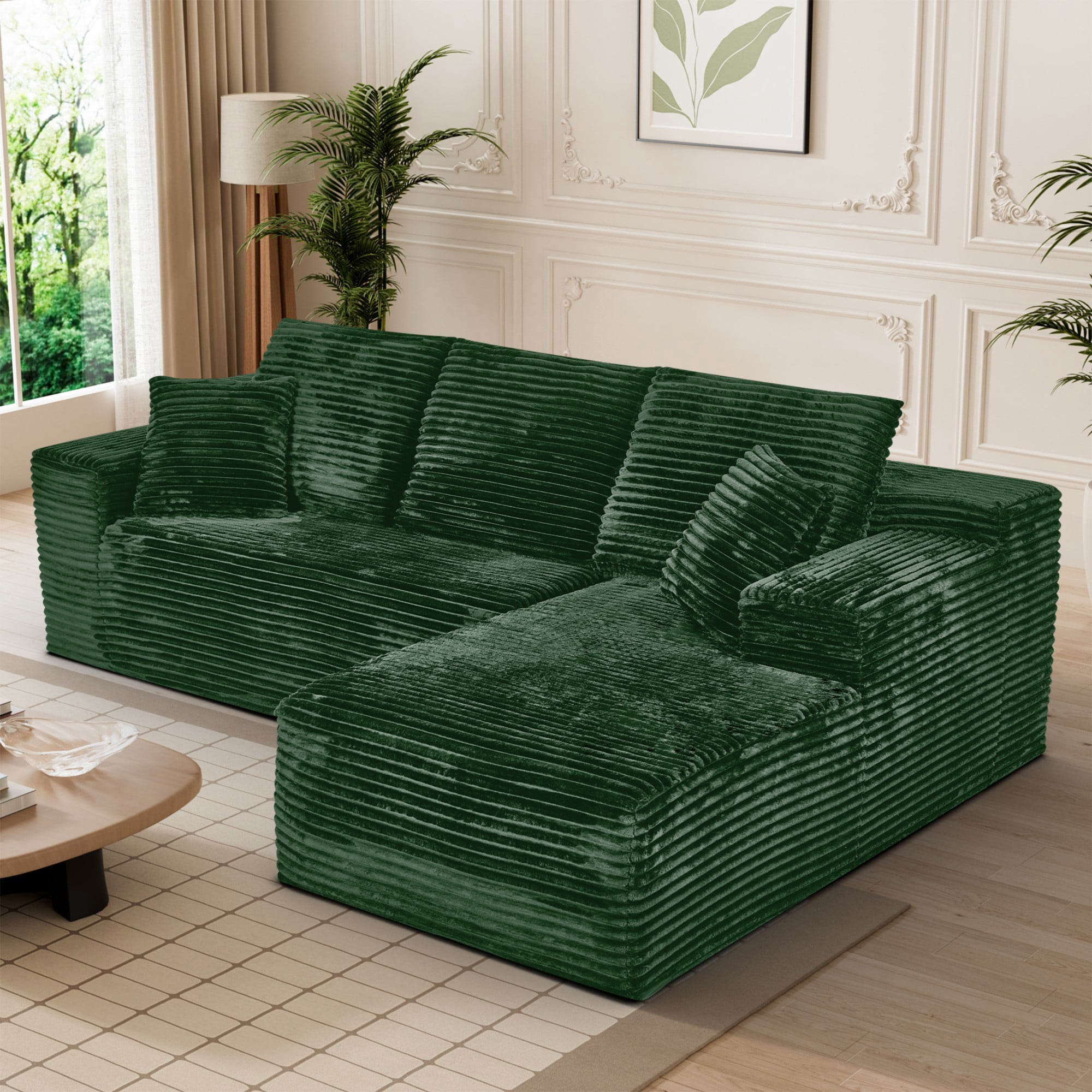 Aukfa 107" Cloud Modular Sectional Couch with Right-Facing Chaise, Corduroy Deep Seat Boneless Sofa for Living Room, Apartment, Emerald