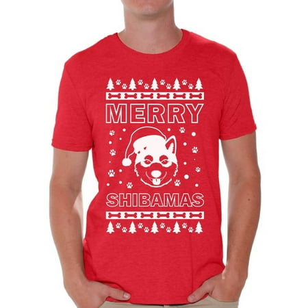 Awkward Styles Merry Shibamas Shirt Merry Shibamas Christmas Tshirts for Men Funny Shiba Inu Santa Shirt Men's Holiday Top Shiba Inu Dog Lover Xmas Gifts Funny Tacky Party Holiday Christmas Outfit