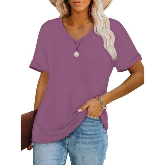 Womens V-Neck Shirts with Front Pocket Decoration Short Sleeve Solid Casual Loose Fit Trendy T-Shirt