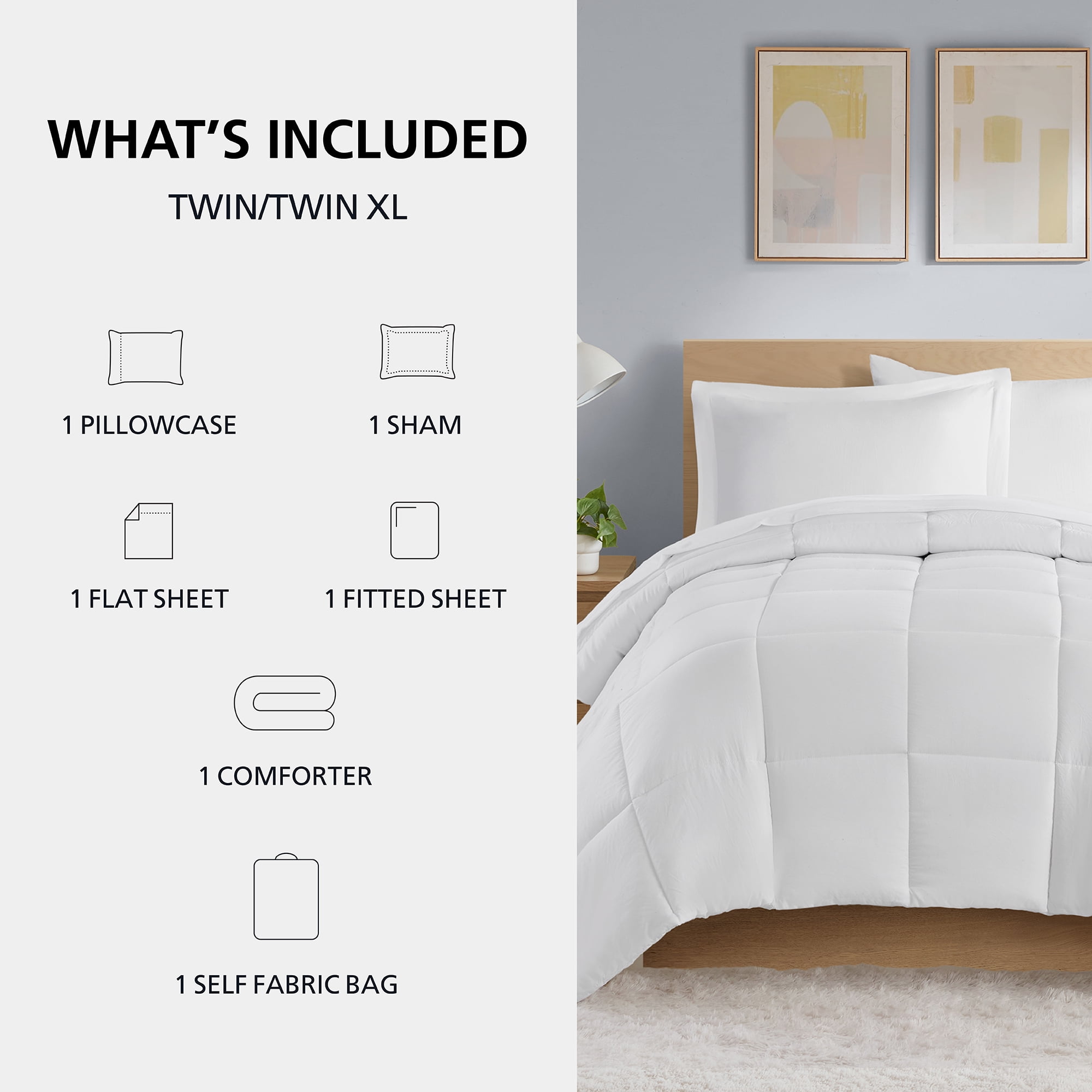 Mainstays All in One Down Alt Reversible Comforter and Sheet set- 5 Piece, Twin, White