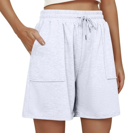 Prdecexlu Cotton Shorts for Women Elastic Waist Casual Wide Leg Athletic Sweat Shorts Solid Color Summer Drawstring Jogger Running Bermuda Short with Pockets White 2XL