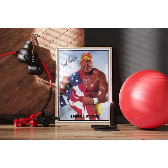 WWE posters signed by Hulk Hogan, wall art featuring the muscular hero in the arena, and frameless classic sports art. Size 24x36 Unframed Poster