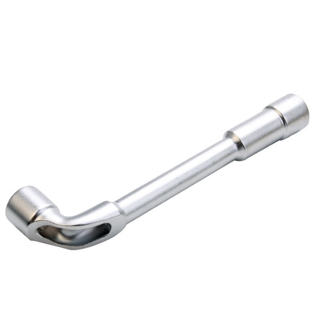 Llave de codo perforada pulida tipo L de 10 mm con dos cabezales (plateada)