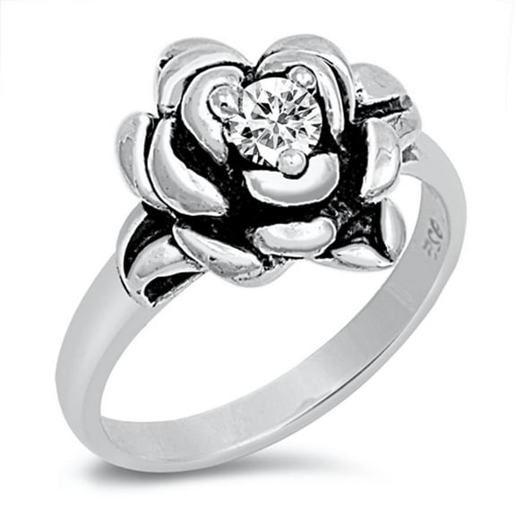 Sterling Silver Women's Rose Flower Clear CZ Ring 925 Band 11mm White Jewelry Female Size 9