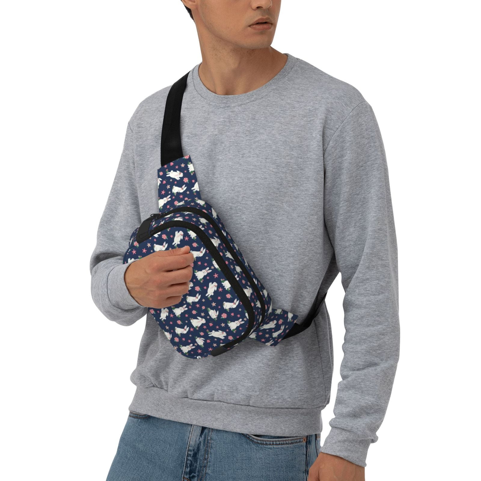Picia Rabbit And Flower Print Square Double-Layer Waist Bag Mini Adjustable Waist Belt Bag Exercise Running Travel Hiking