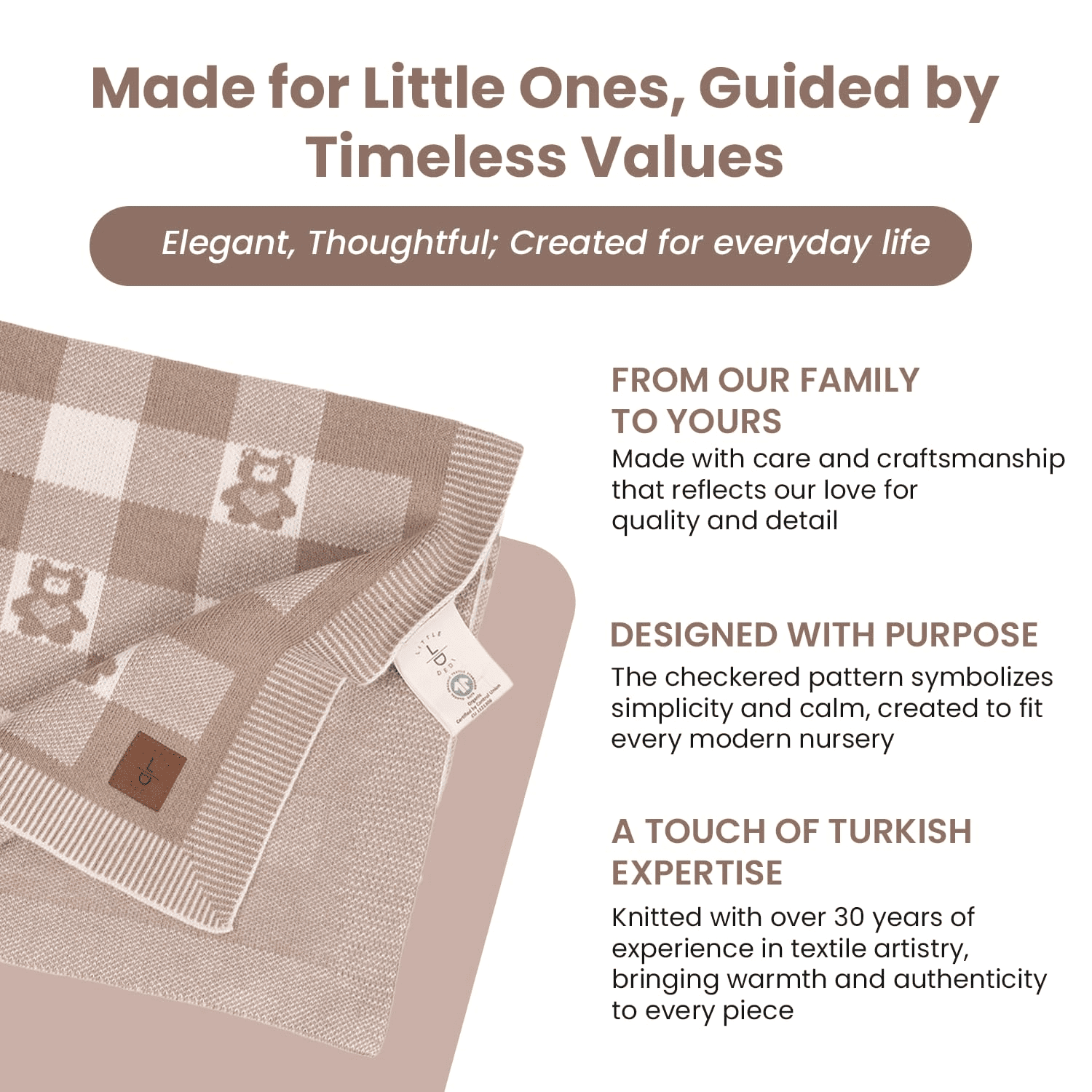 Gender-Neutral Checkered Baby Blanket 30x40 Inches, Mocha Teddy Bear – 100% Organic GOTS Certified Cotton, Soft and Lightweight, Perfect for Swaddling