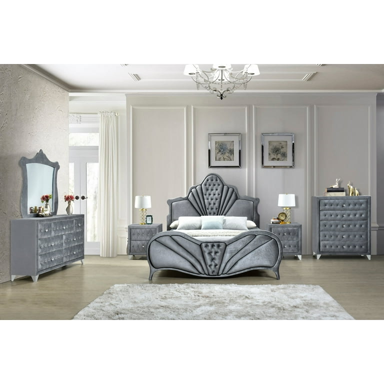 Elegant Dreams Gray Velvet Queen Bed