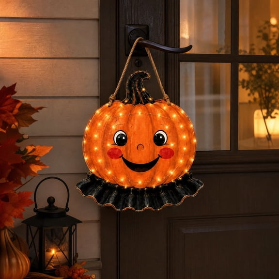 CleranceHalloween Light Up Pumpkin Hanging Door Decor, Halloween Jack-o'-lantern Wall Ornament, Halloween Decorations for Autumn Harvest and Halloween Party Home Decor
