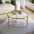 thumbnail image 4 of Mesa de centro redonda de vidrio de 2 niveles con estante de almacenamiento, mesa central moderna simple con marco dorado para sala de estar, oficina en casa, 4 of 4