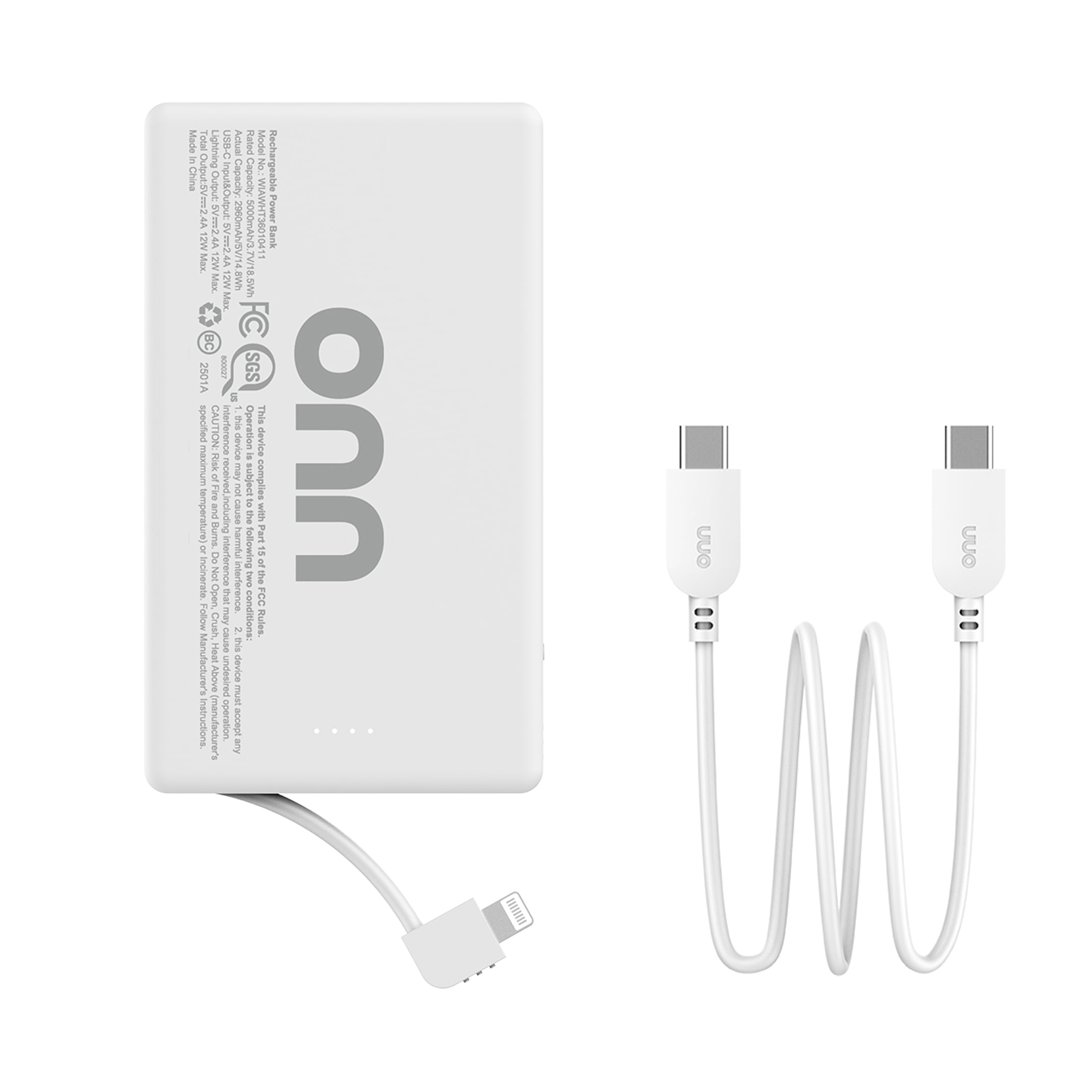 onn 5,000 mAh Portable Power Bank with Built in Lightning Cable, MFI Certified, Mag-Attach Ring, White - Compatible with iPhone 14/13/12/11/X/XR/XS/8/7/6/5, iPad, Airpods and more (Cable Charge only)