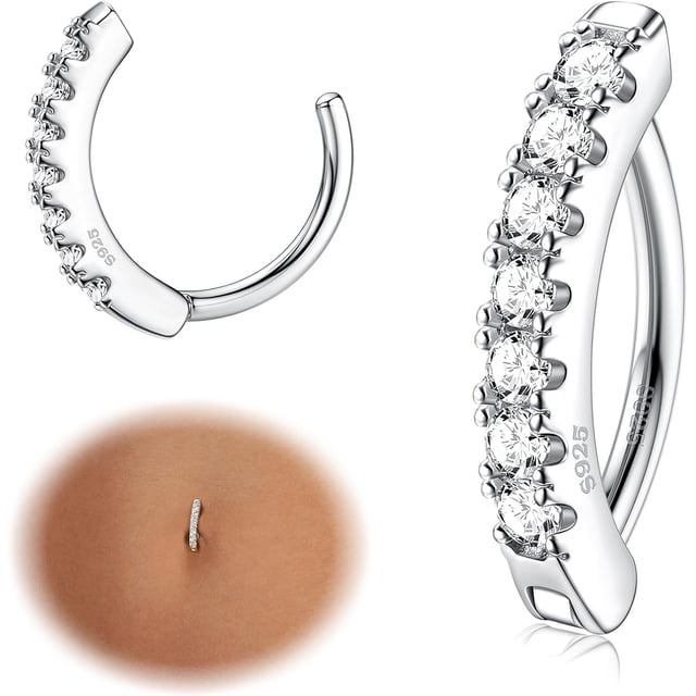 14G Belly Button Rings for Women Hypoallergenic 925 Sterling Silver Clicker Ring Cubic Zirconia Paved Reverse Curved Navel Barbell Piercing Jewelry -